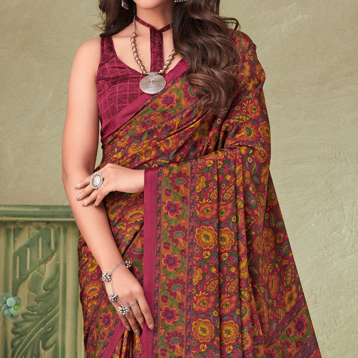 Magenta Floral Printed Crepe Saree