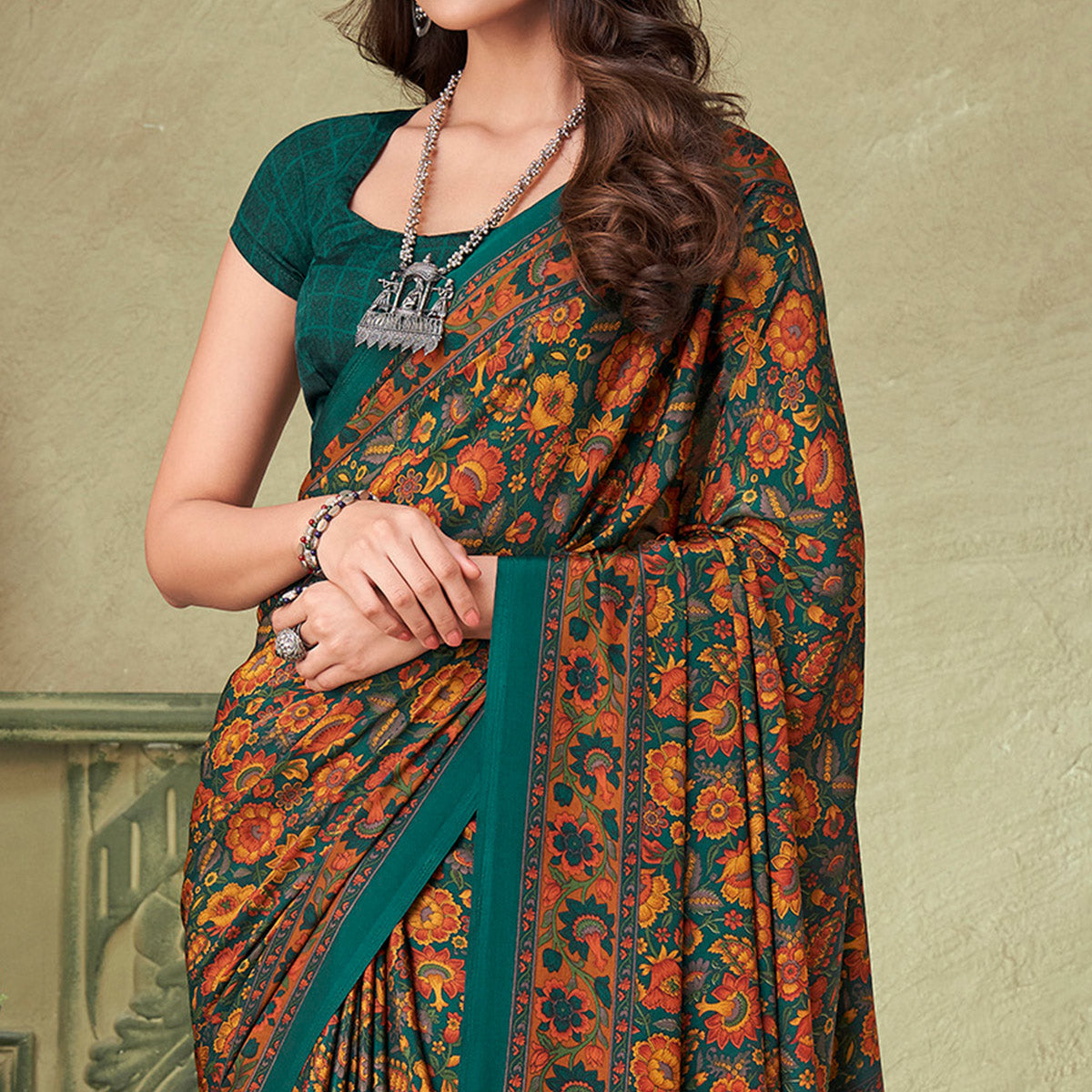 Green Floral Printed Crepe Saree