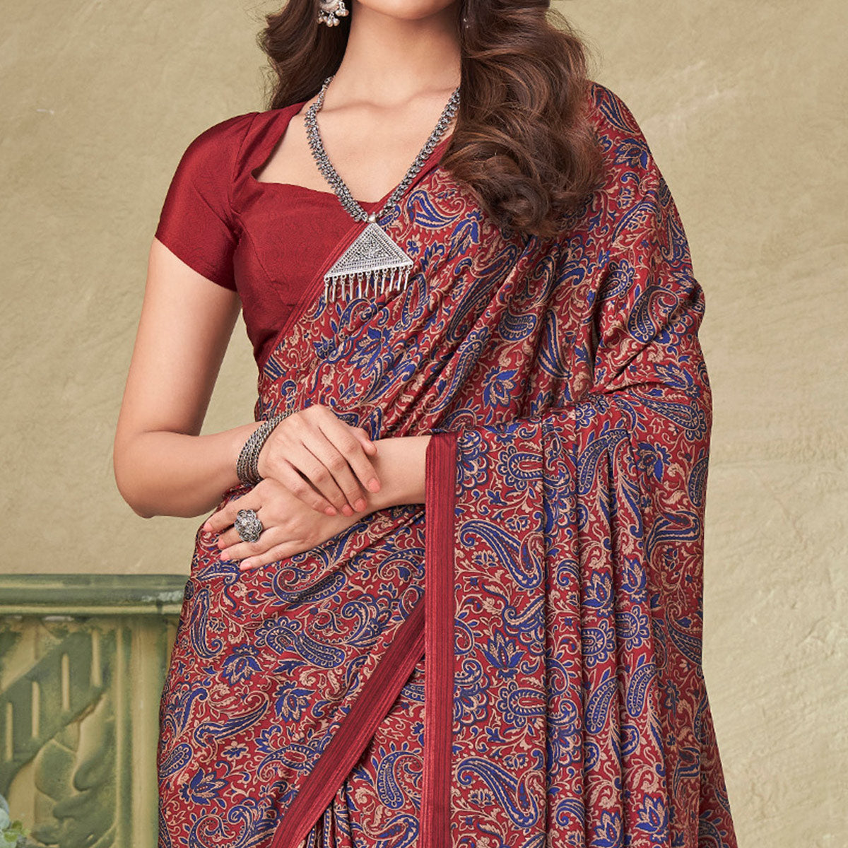 Maroon Printed Crepe Saree