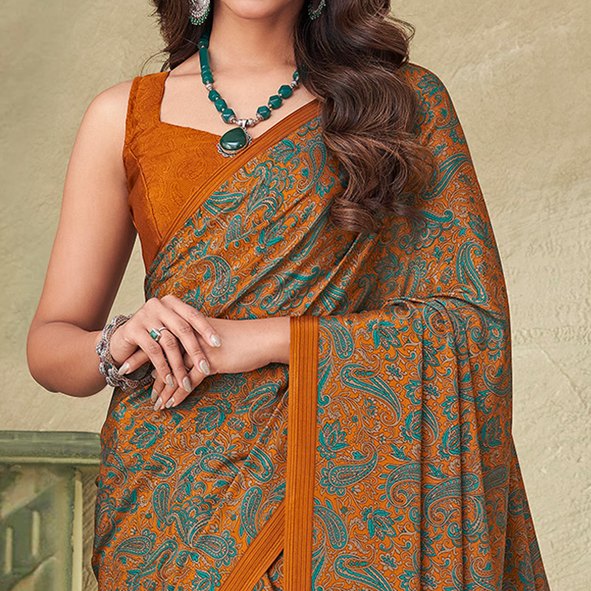 Orange Printed Crepe Saree