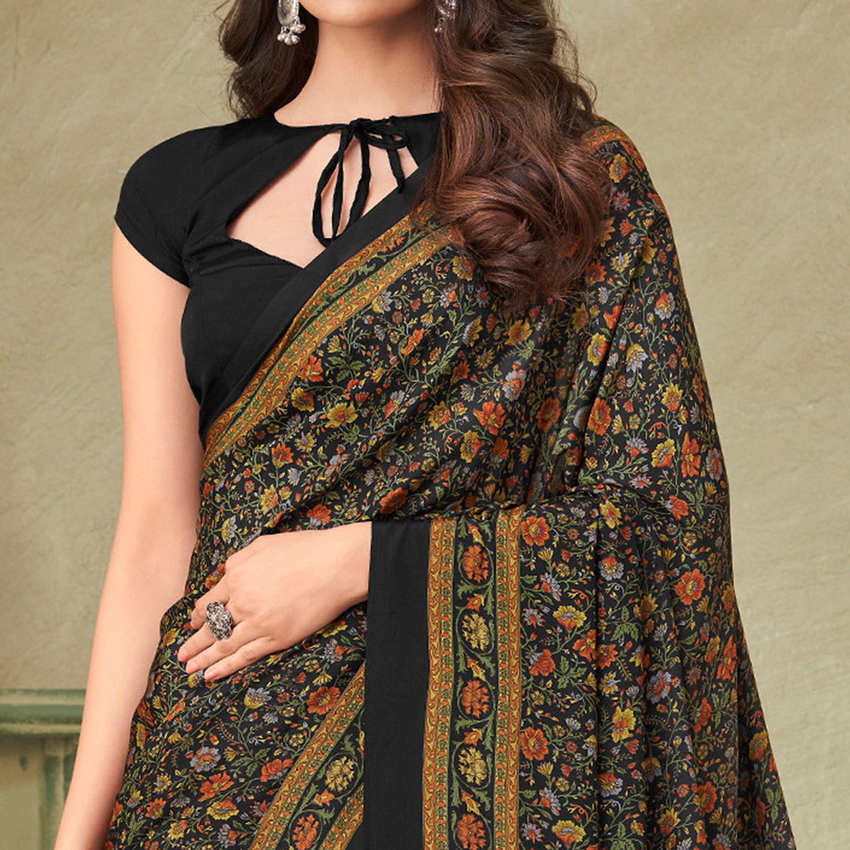 Black Floral Printed Crepe Saree