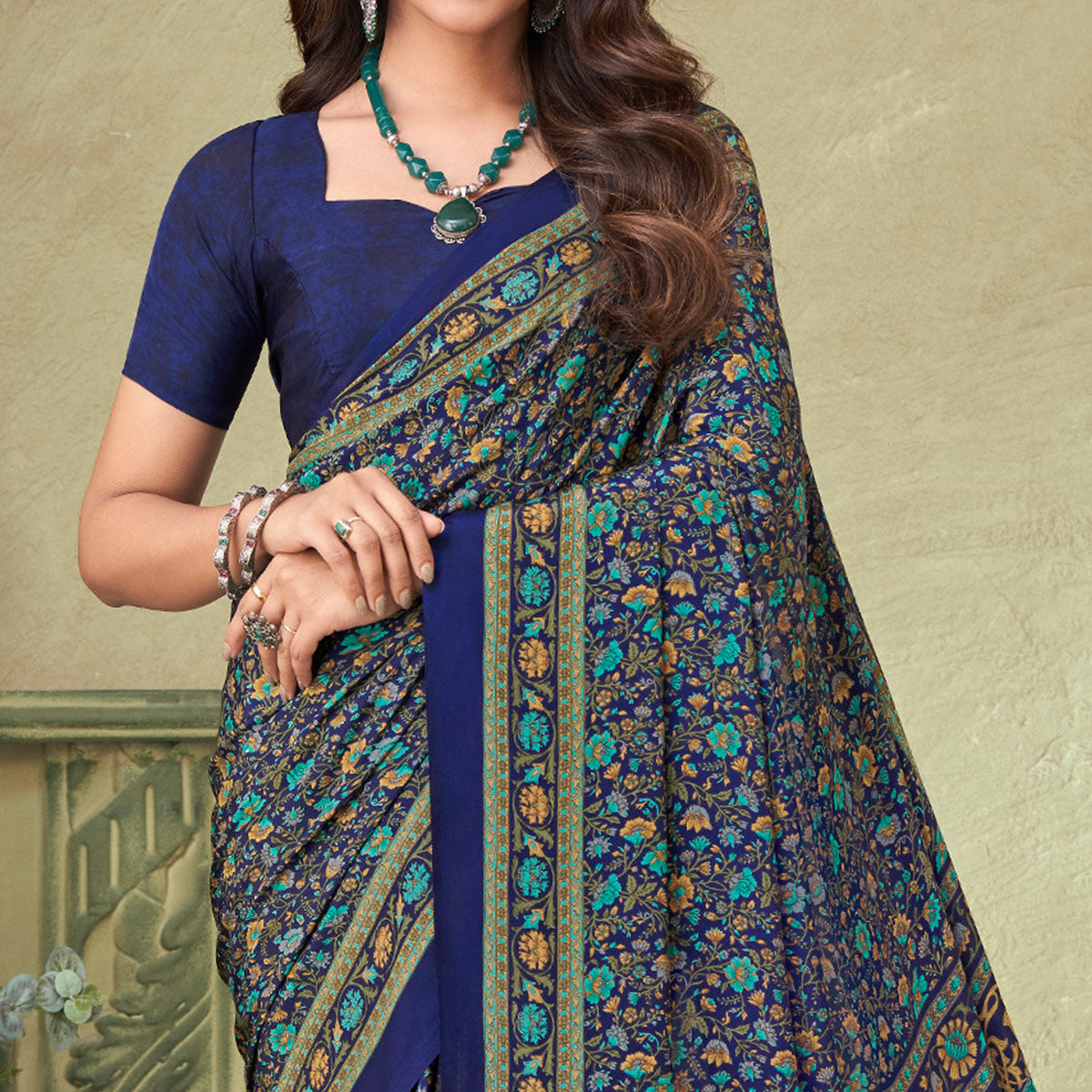 Navy Blue Floral Printed Crepe Saree