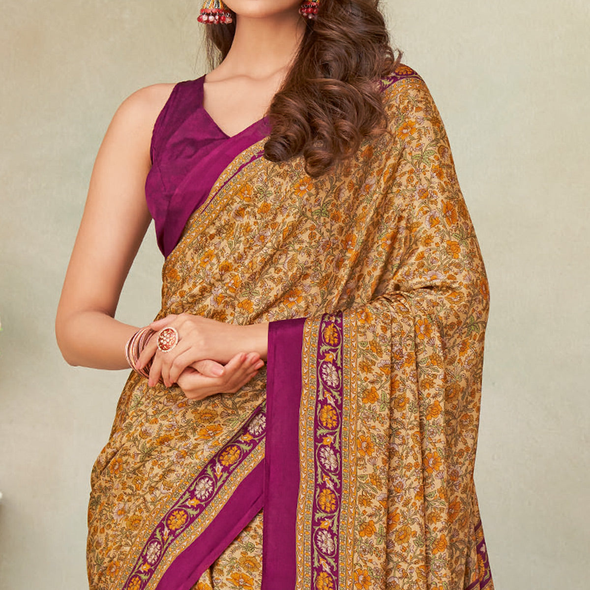 Beige & Magenta Floral Printed Crepe Saree