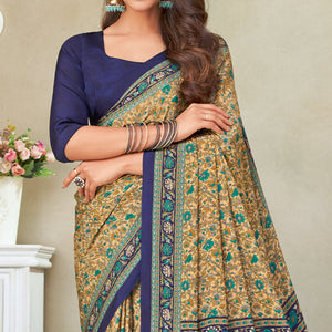 Beige & Navy Blue Floral Printed Crepe Saree