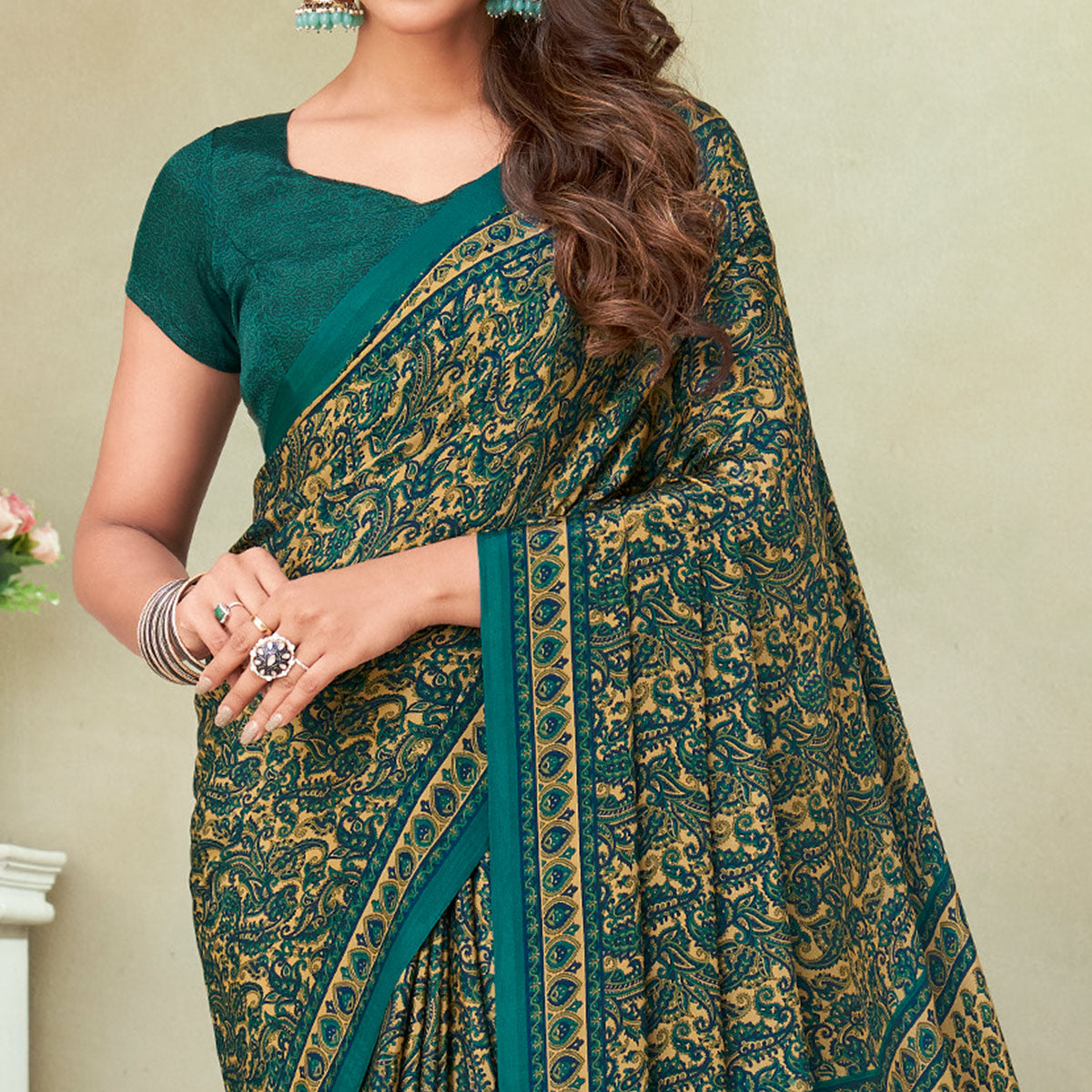 Beige & Bottle Green Printed Crepe Saree