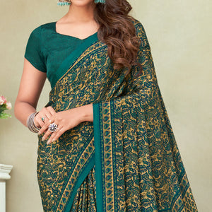Beige & Bottle Green Printed Crepe Saree