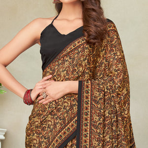 Beige & Black Printed Crepe Saree