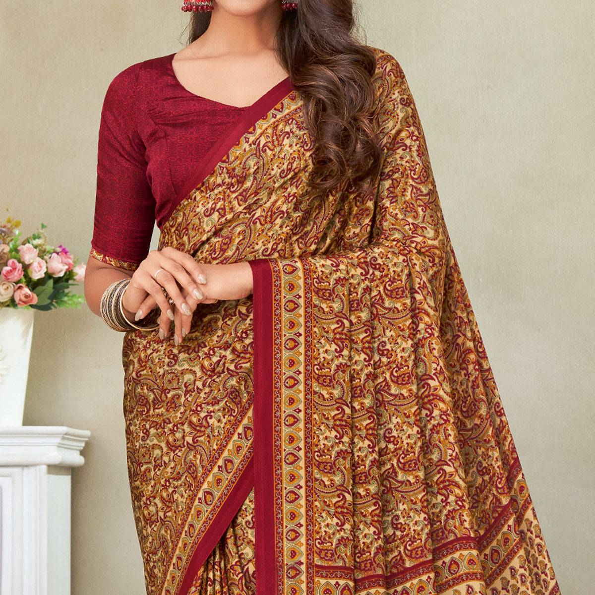 Beige & Maroon Printed Crepe Saree
