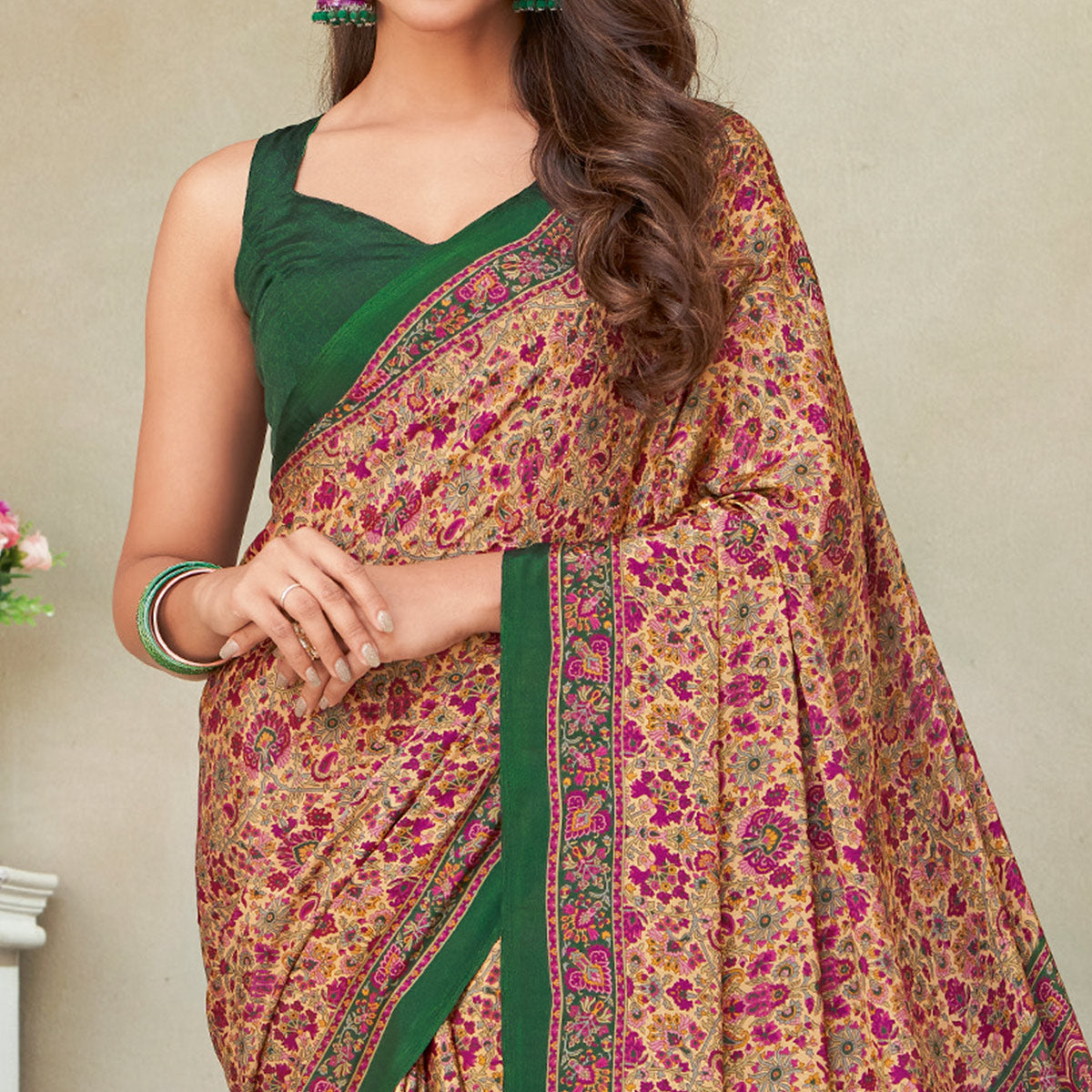Beige & Green Floral Printed Crepe Saree