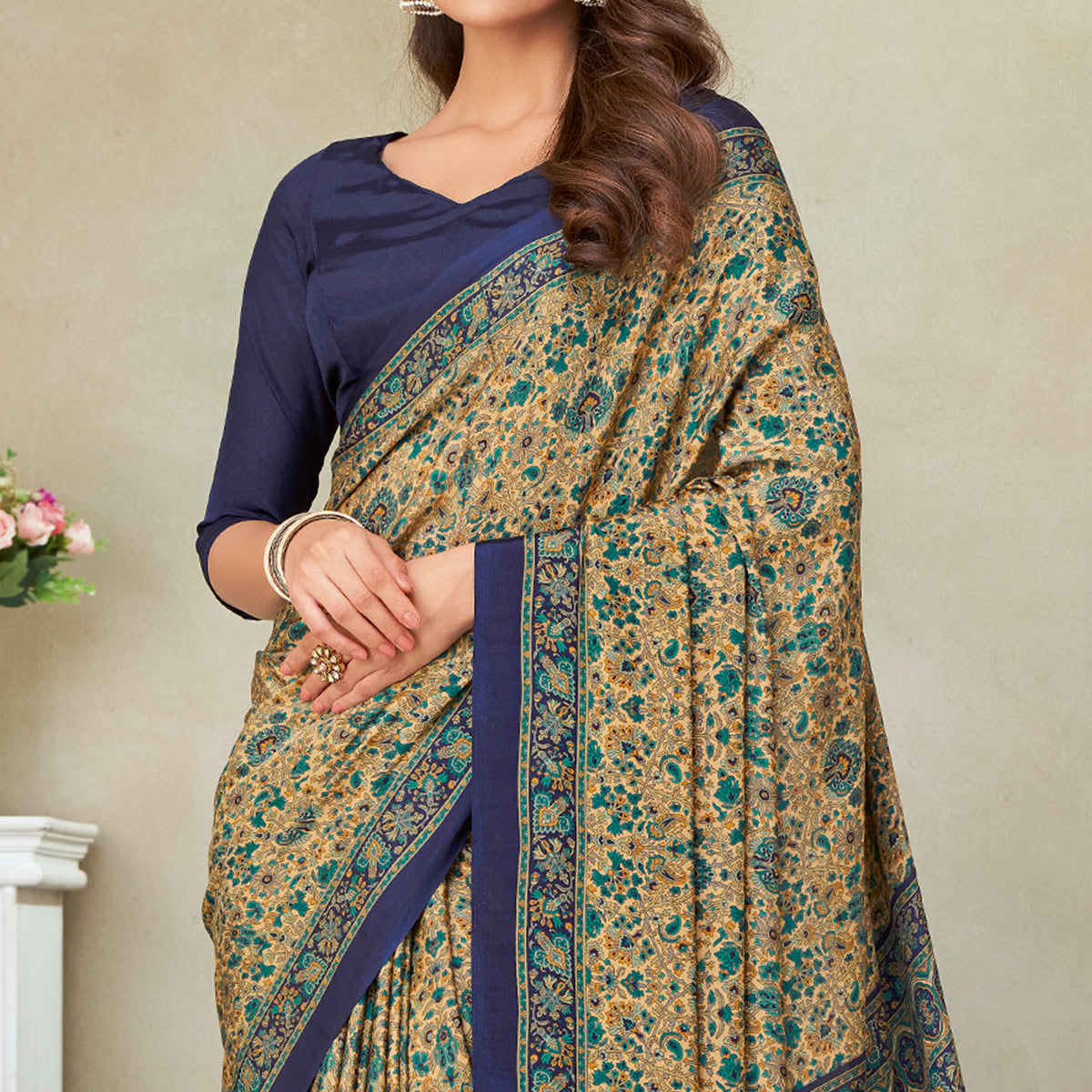 Beige & Navy Blue Floral Printed Crepe Saree