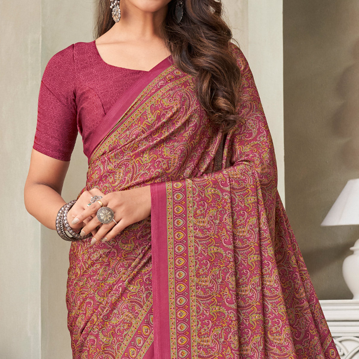 Magenta Printed Crepe Saree