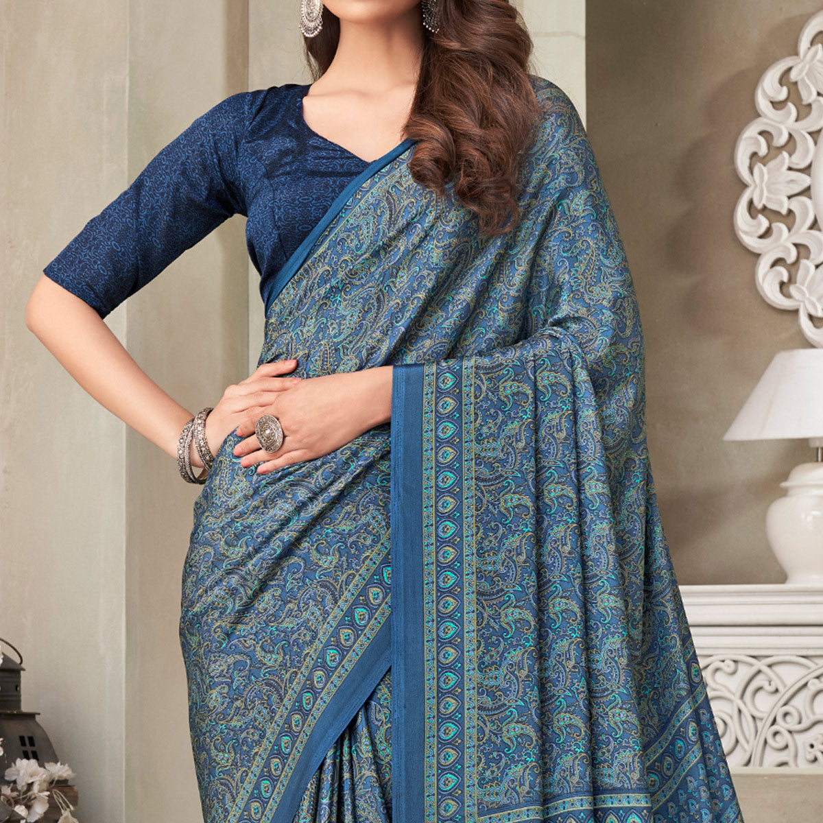 Blue Printed Crepe Saree