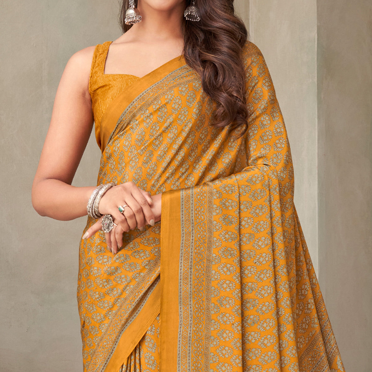 Mustard Floral Printed Crepe Saree