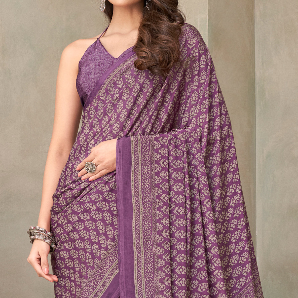 Purple Floral Printed Crepe Saree