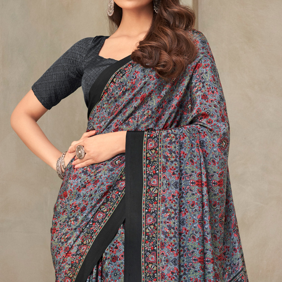 Grey Floral Printed Crepe Saree