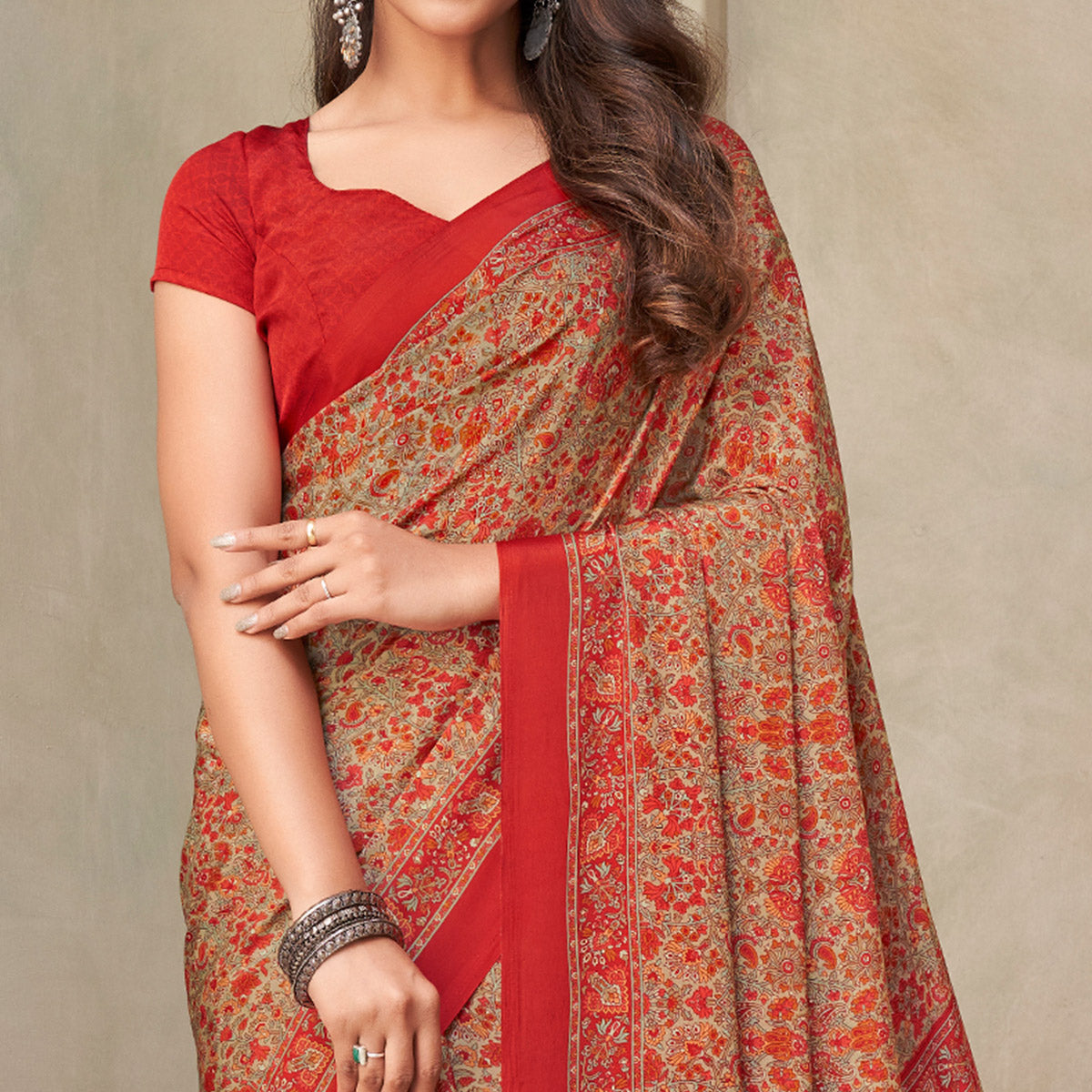 Red Floral Printed Crepe Saree