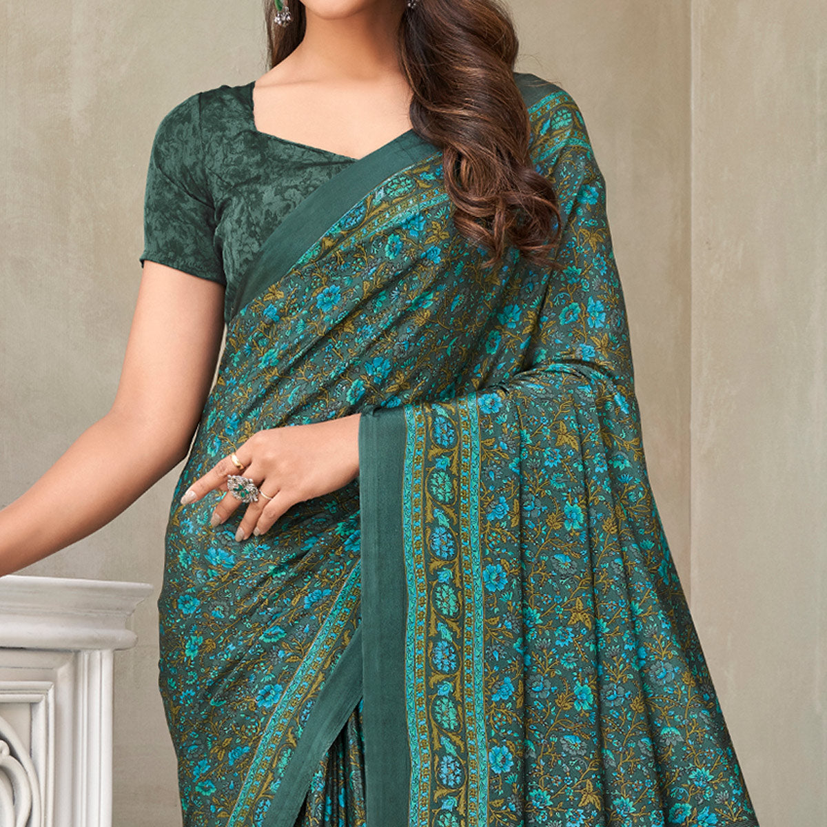 Bottle Green Floral Printed Crepe Saree