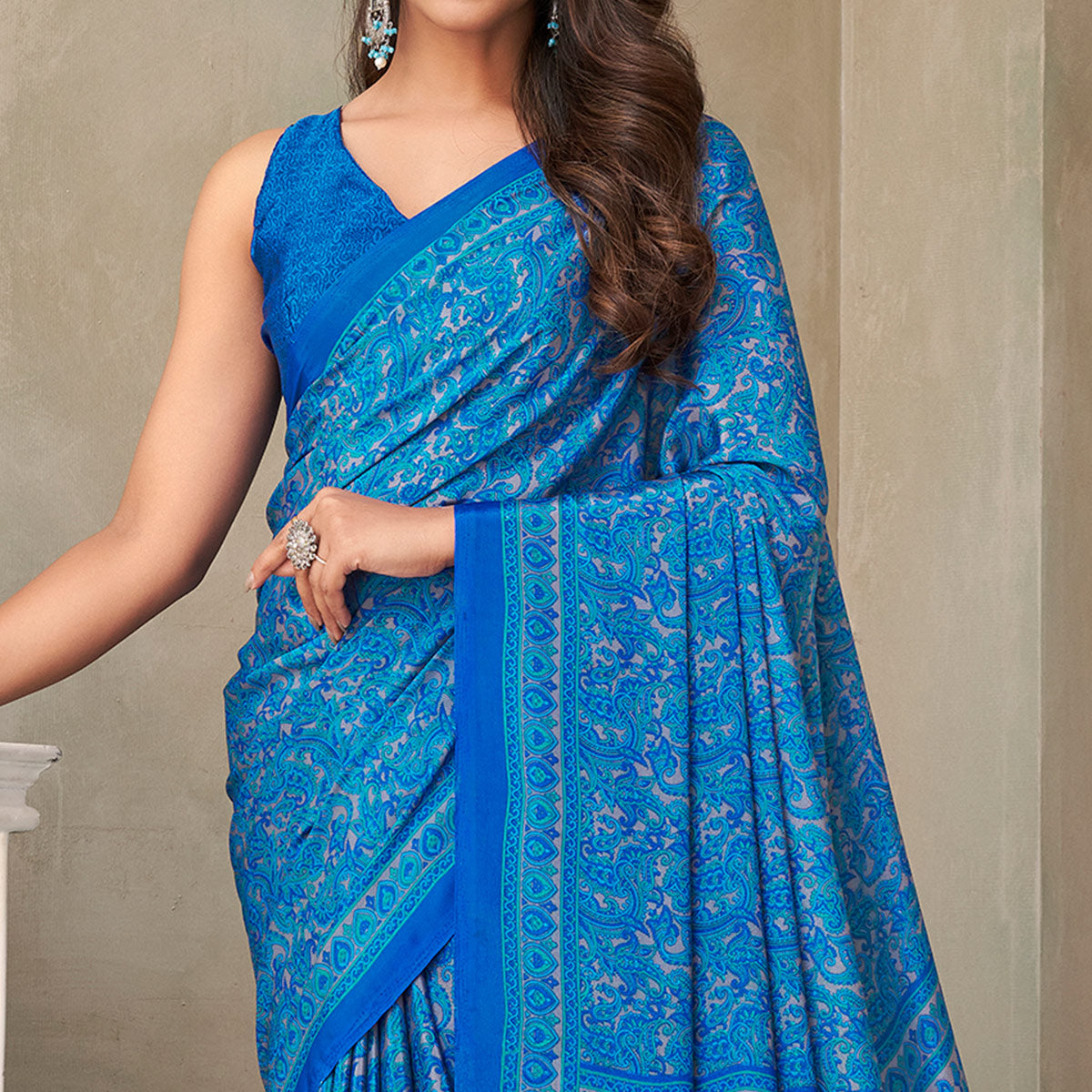 Blue Printed Crepe Saree