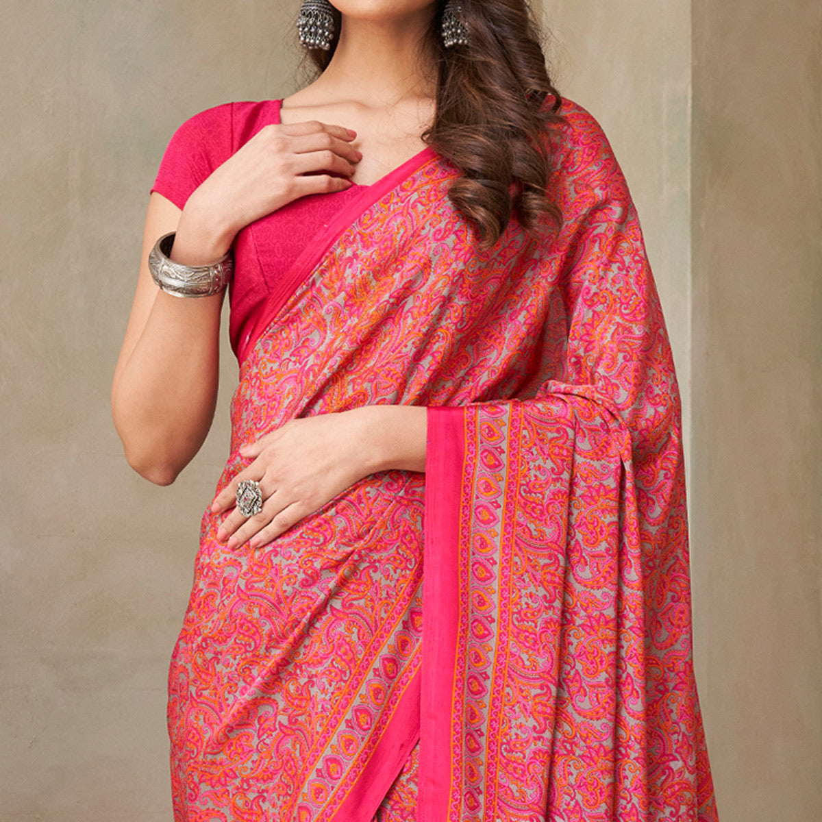 Pink Printed Crepe Saree