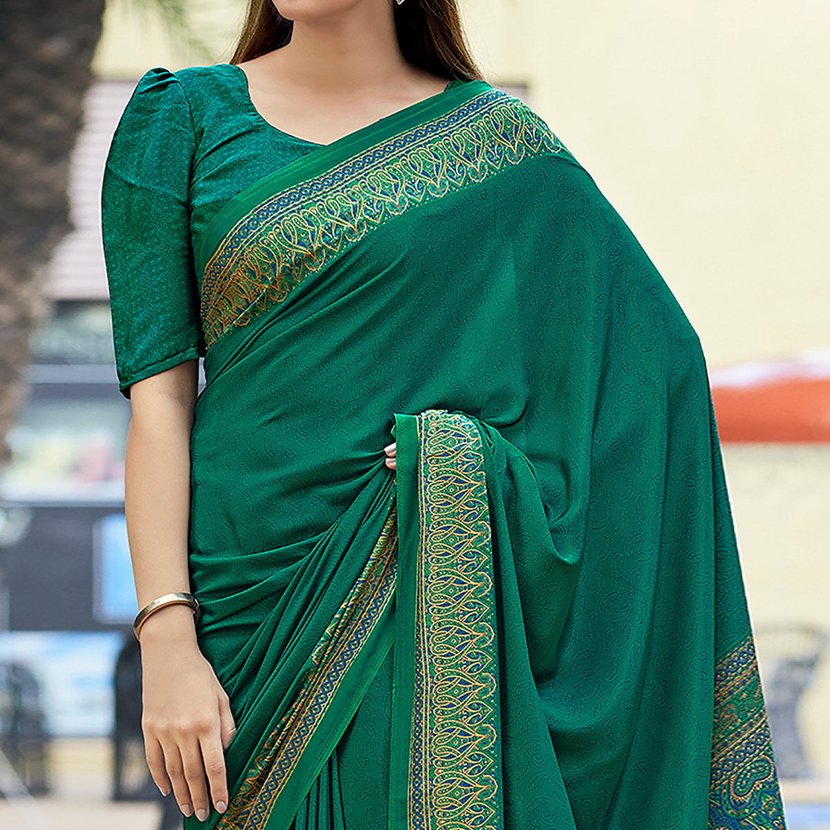 Green Printed Crepe Silk Saree