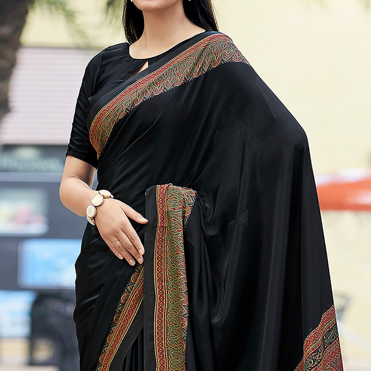 Black Printed Crepe Silk Saree