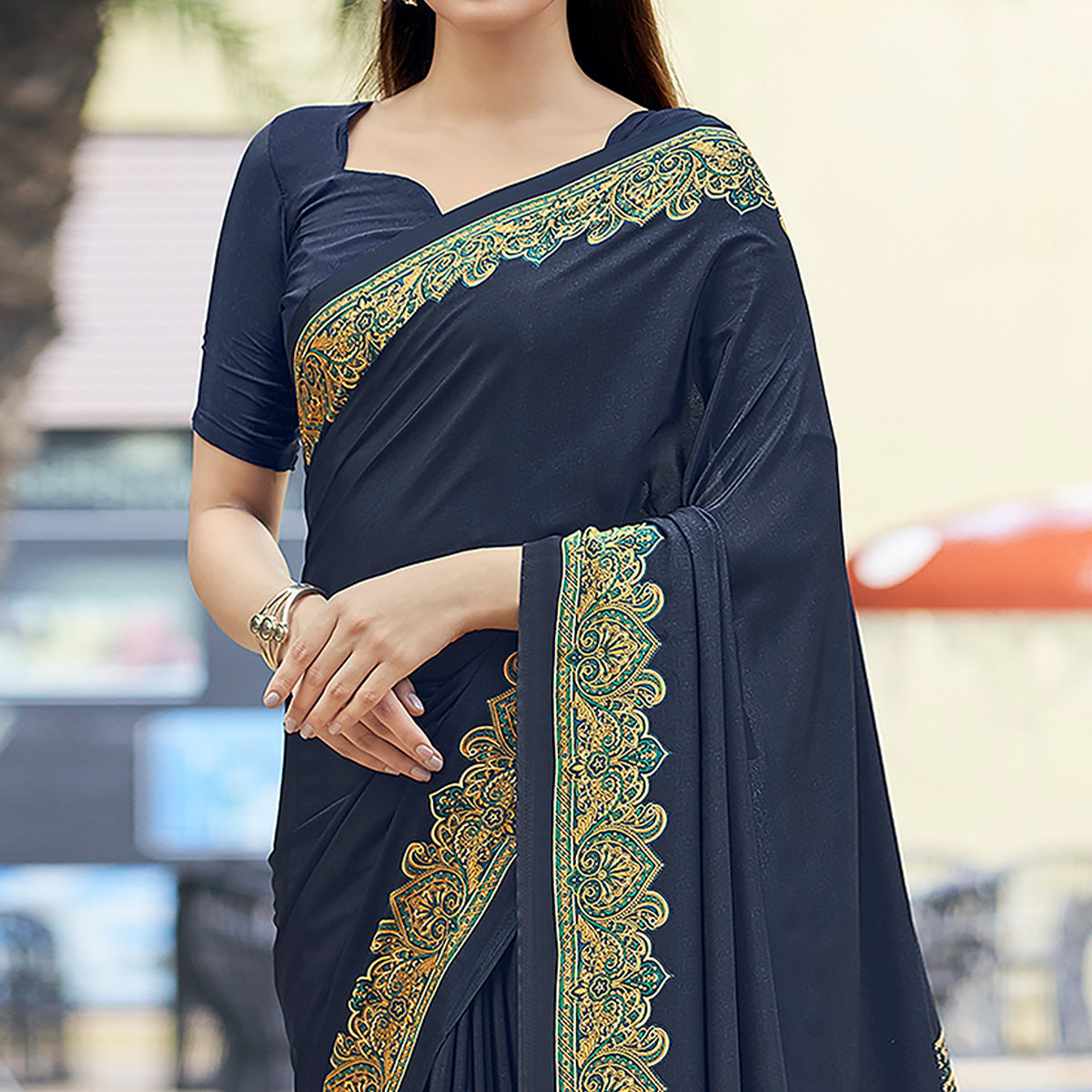 Navy Blue Printed Crepe Silk Saree