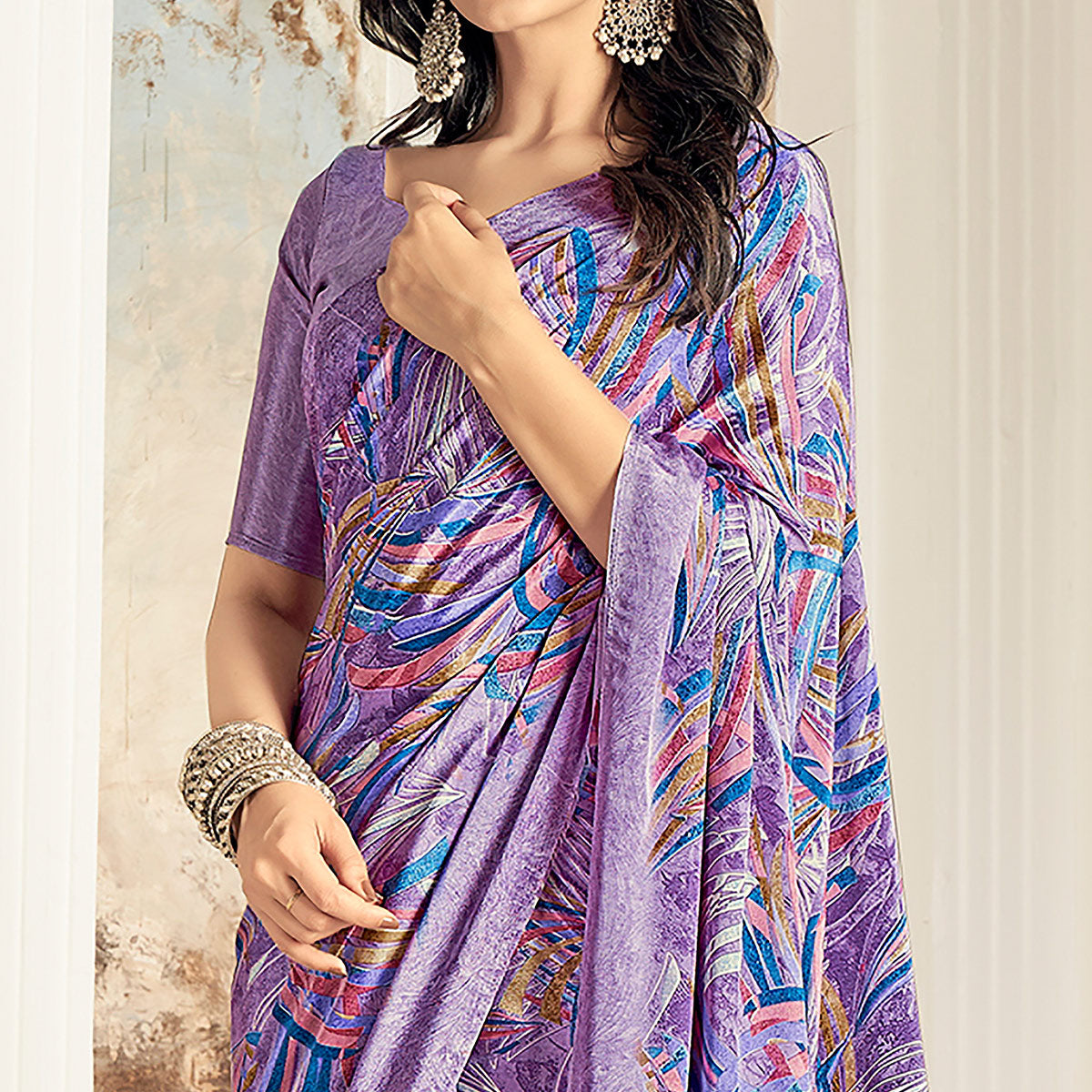 Purple Printed Crepe Silk Saree