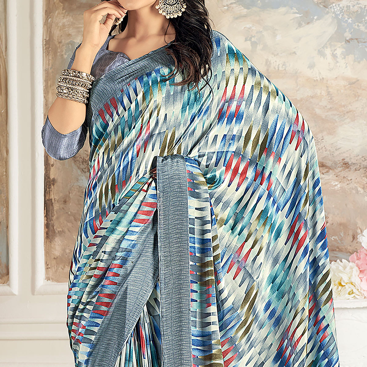 Grey Printed Crepe Silk Saree
