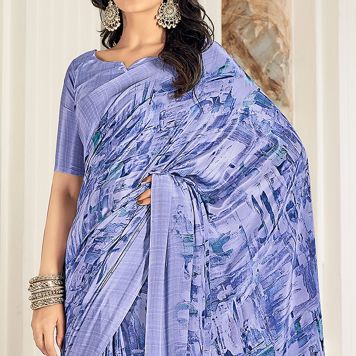 Blue Printed Crepe Silk Saree