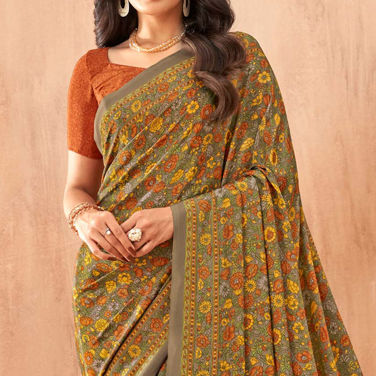 Multicolor Floral Printed Crepe Saree