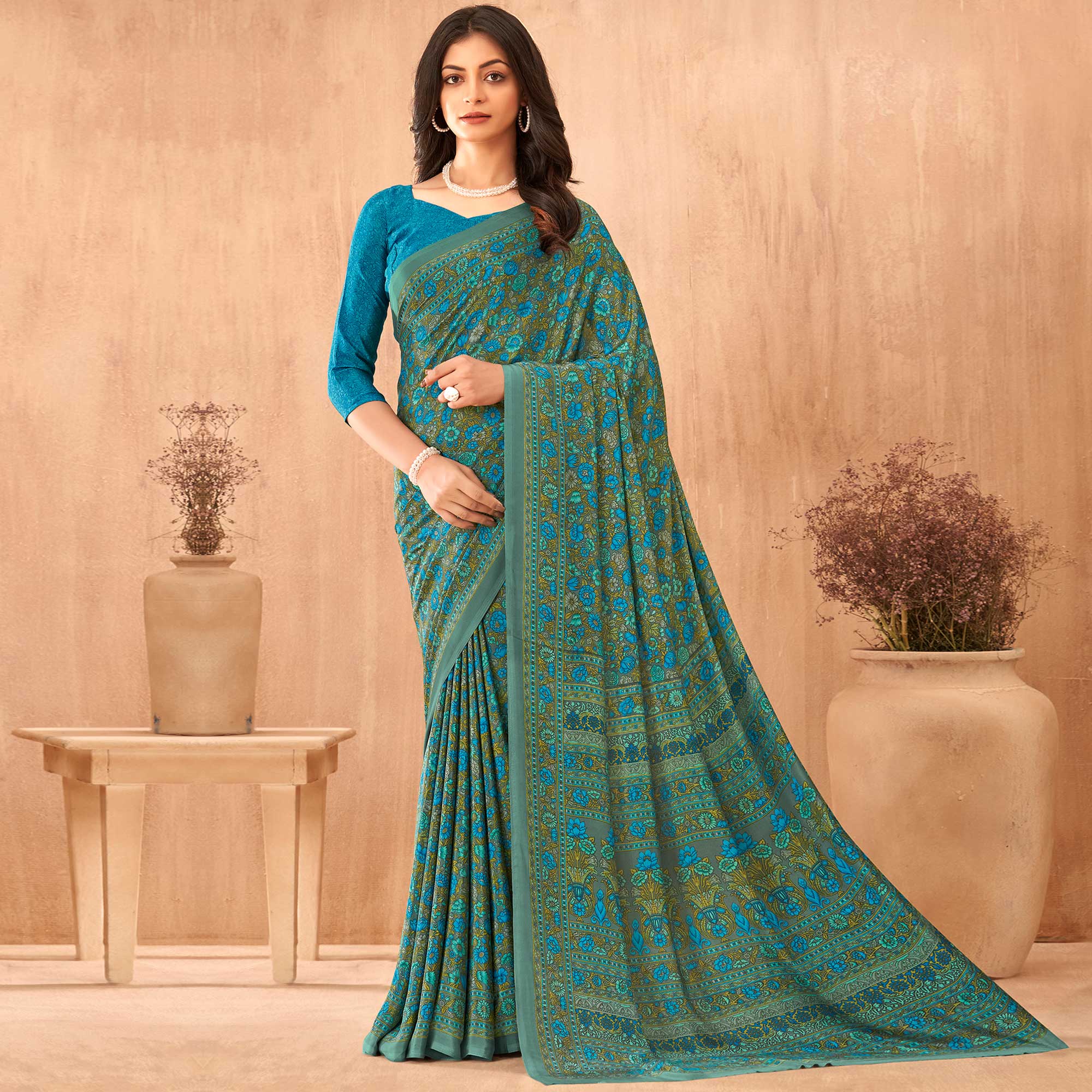 Teal Floral Printed Crepe Saree