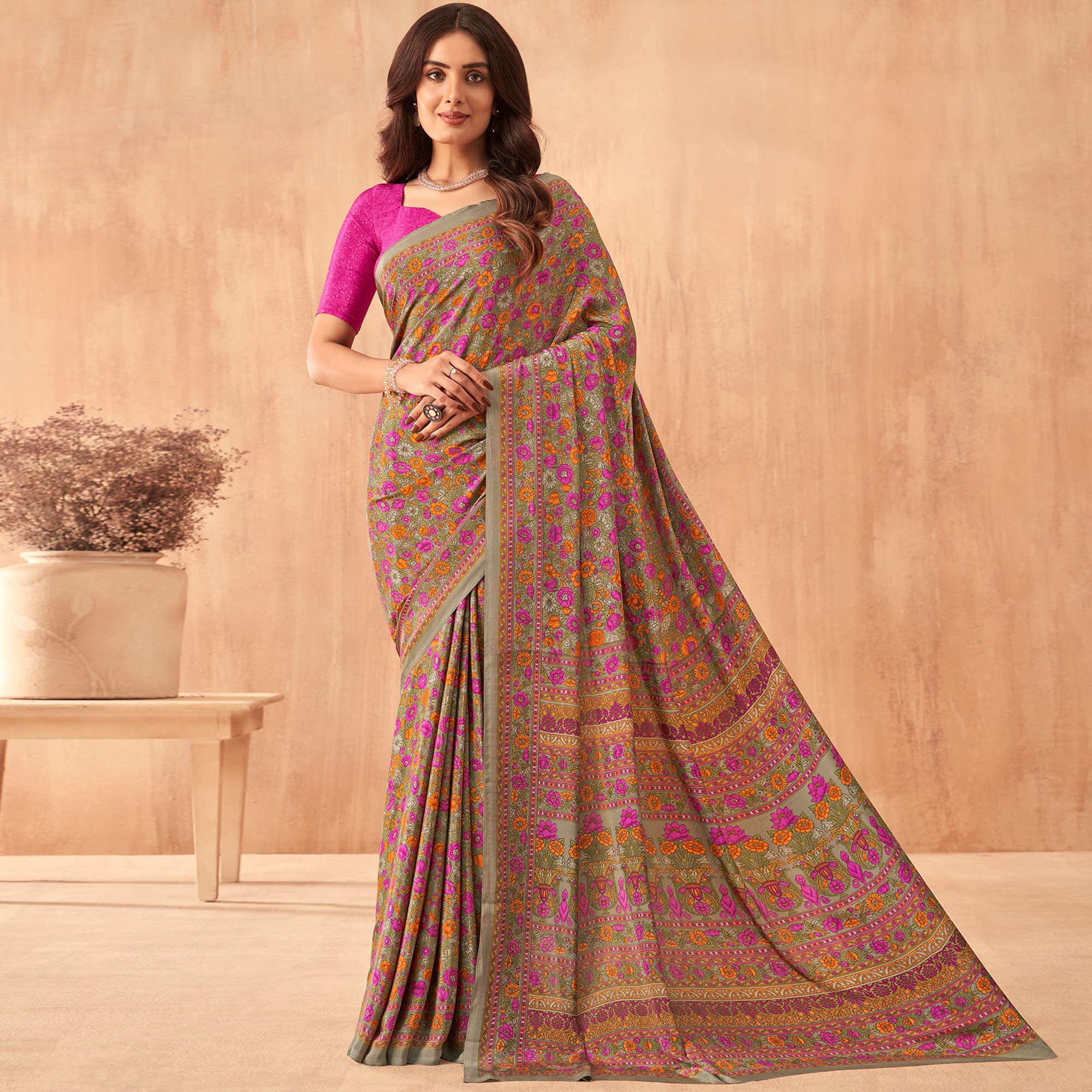 Multicolor Floral Printed Crepe Saree