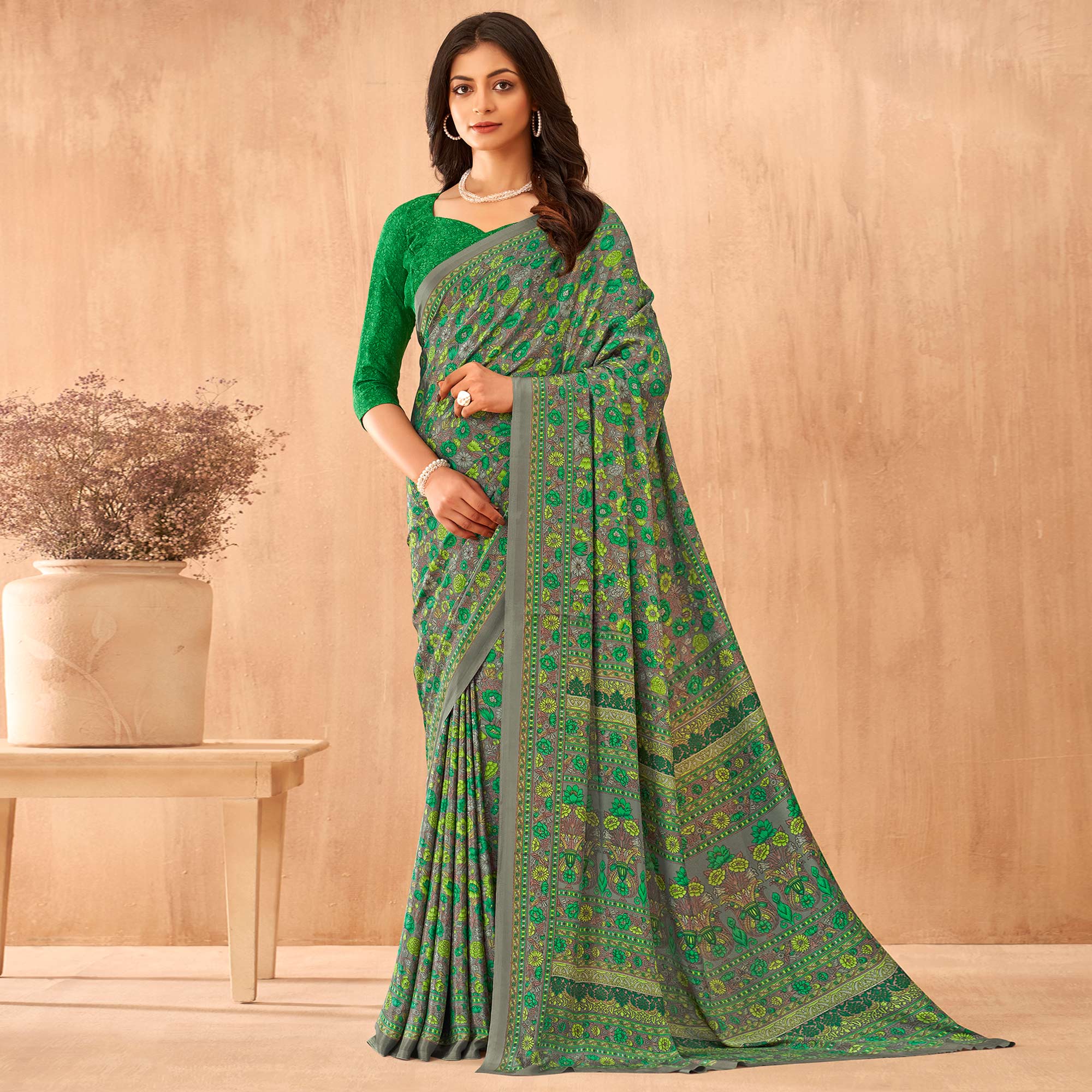 Green Floral Printed Crepe Saree