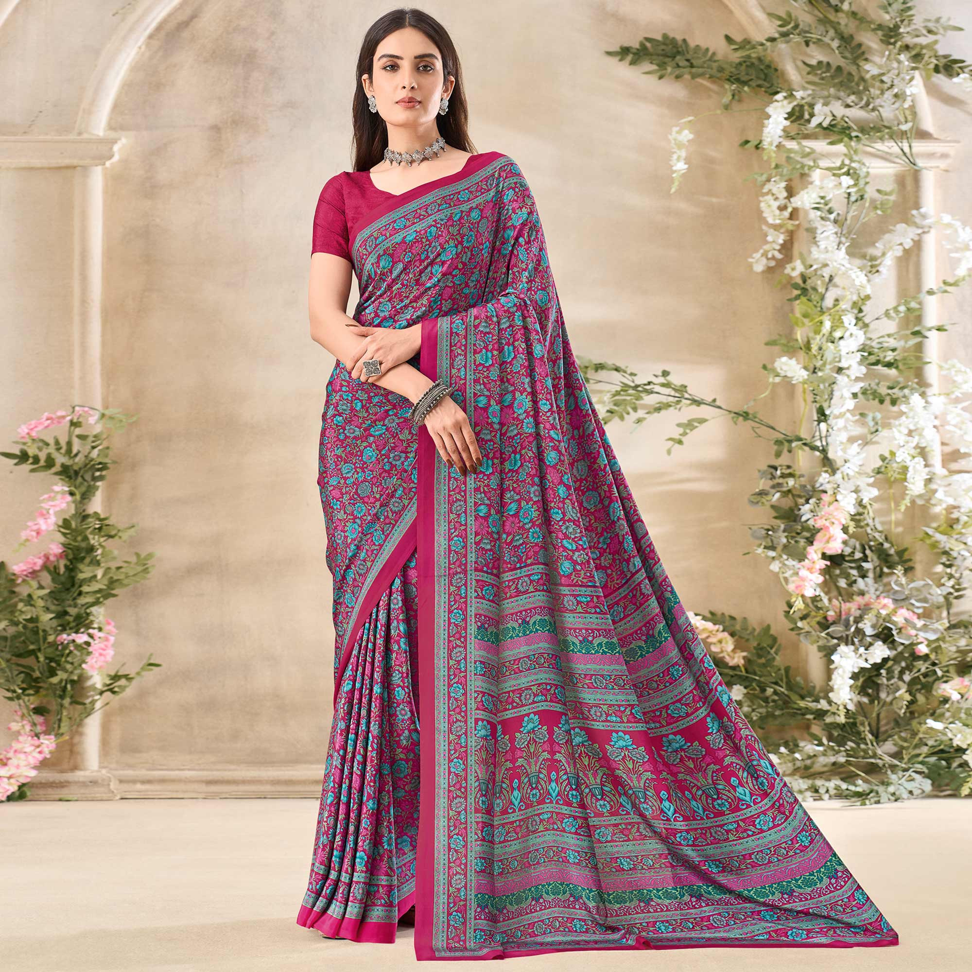 Magenta Floral Printed Crepe Saree