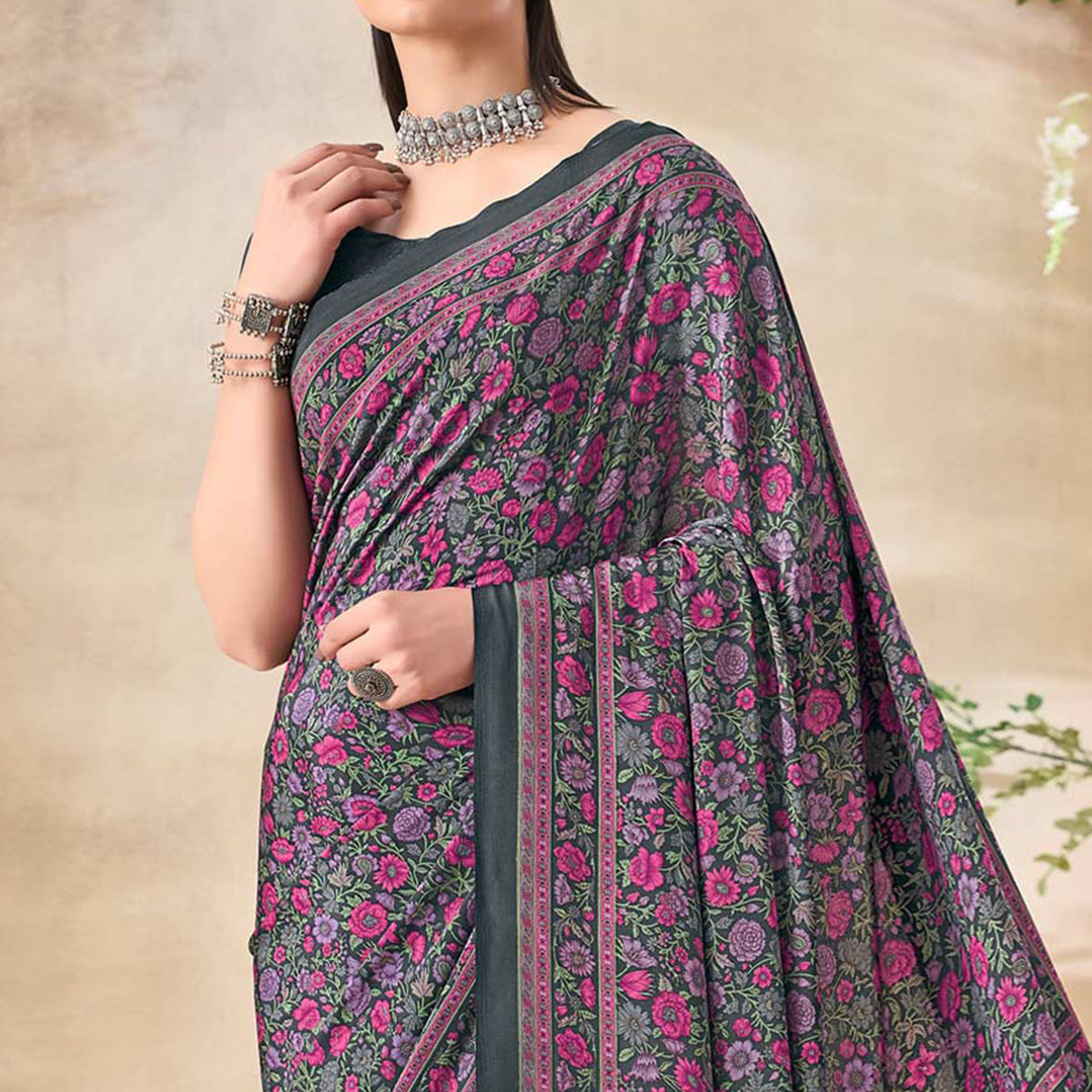 Grey Floral Printed Crepe Saree