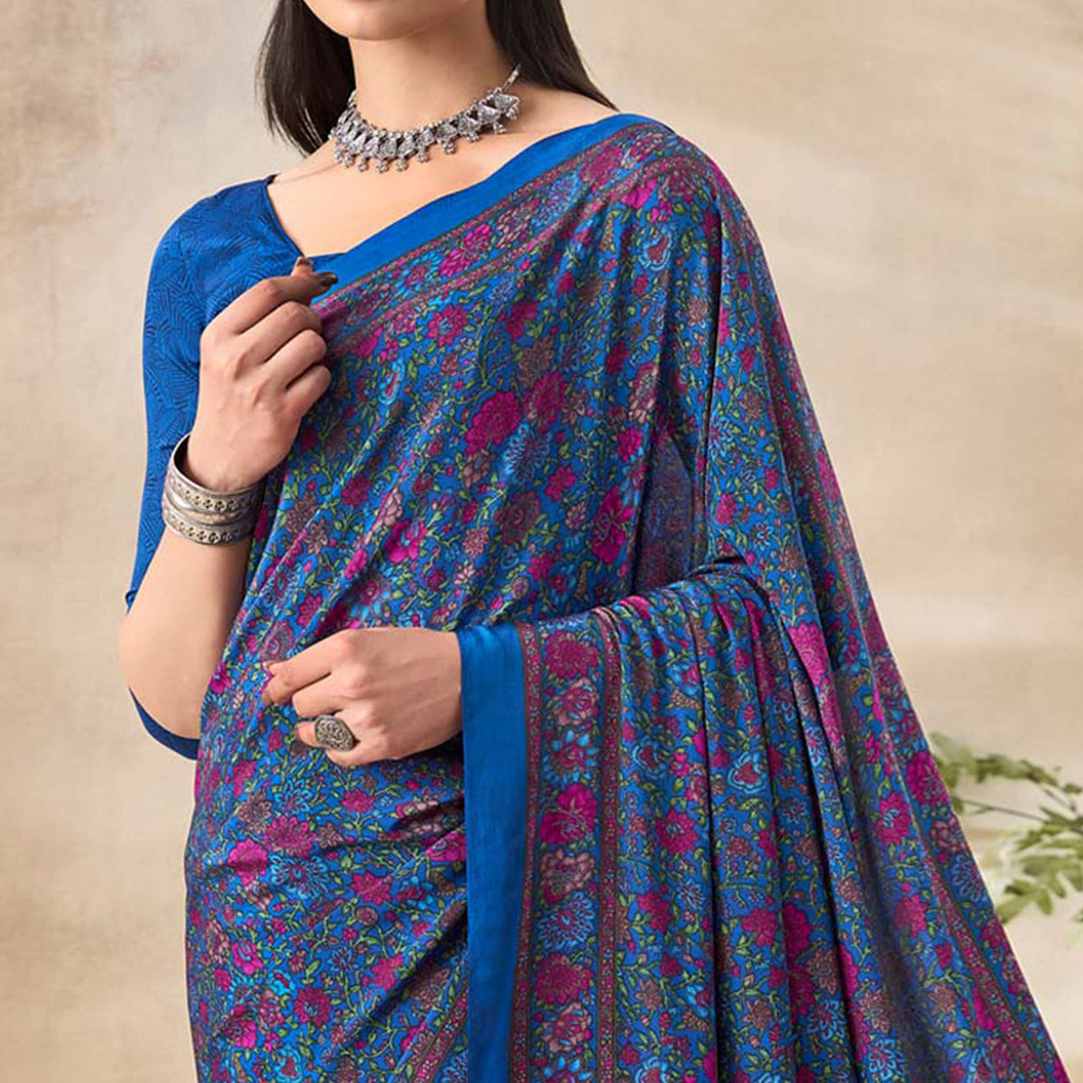 Blue Floral Printed Crepe Saree