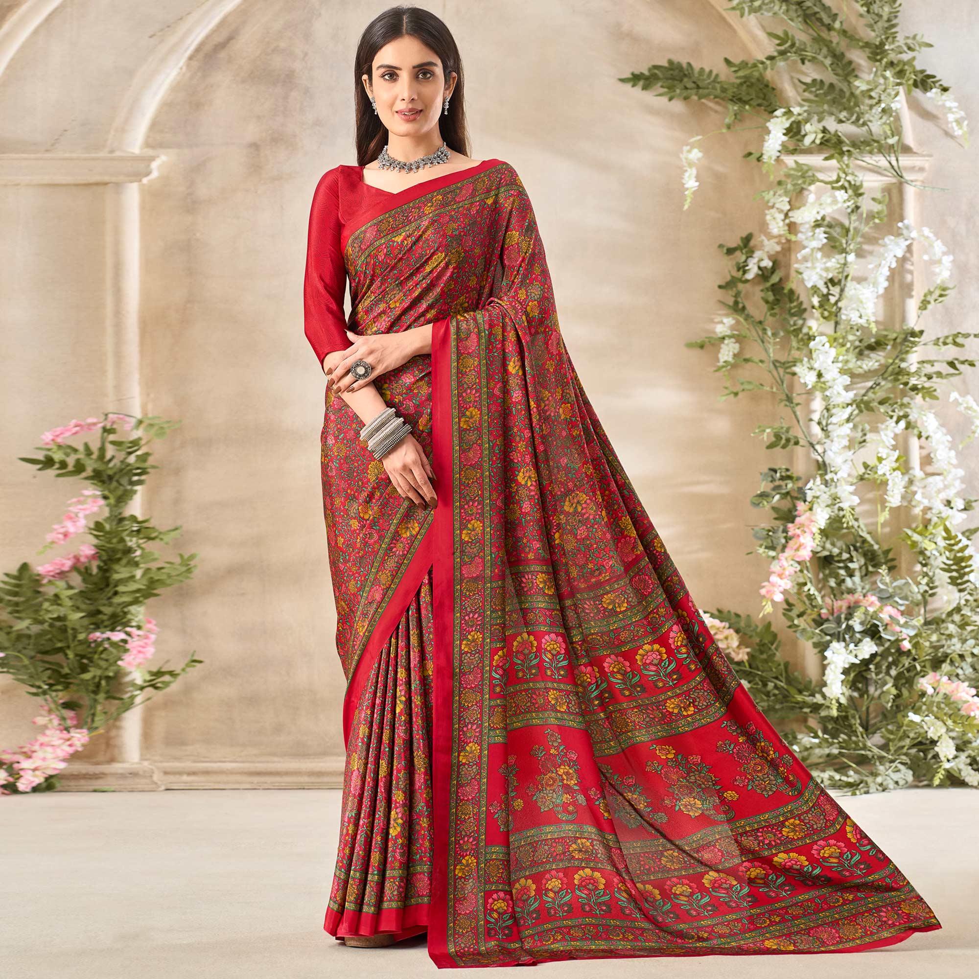 Red Floral Printed Crepe Saree