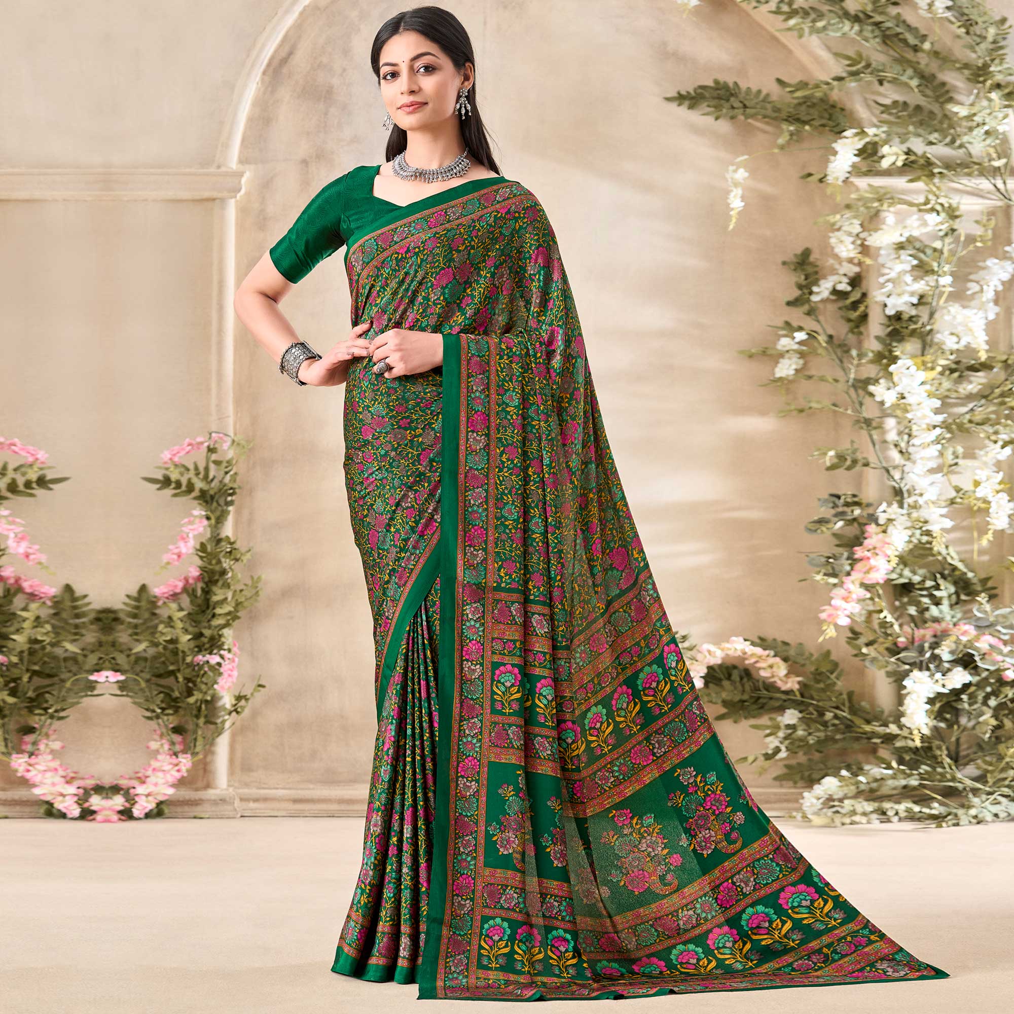 Green Floral Printed Crepe Saree