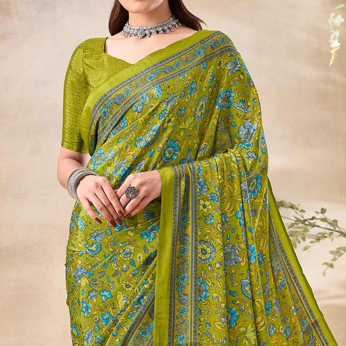 Olive Green Floral Printed Crepe Saree