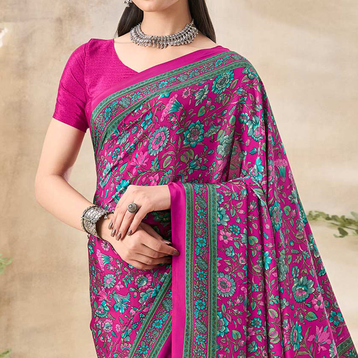 Pink Floral Printed Crepe Saree