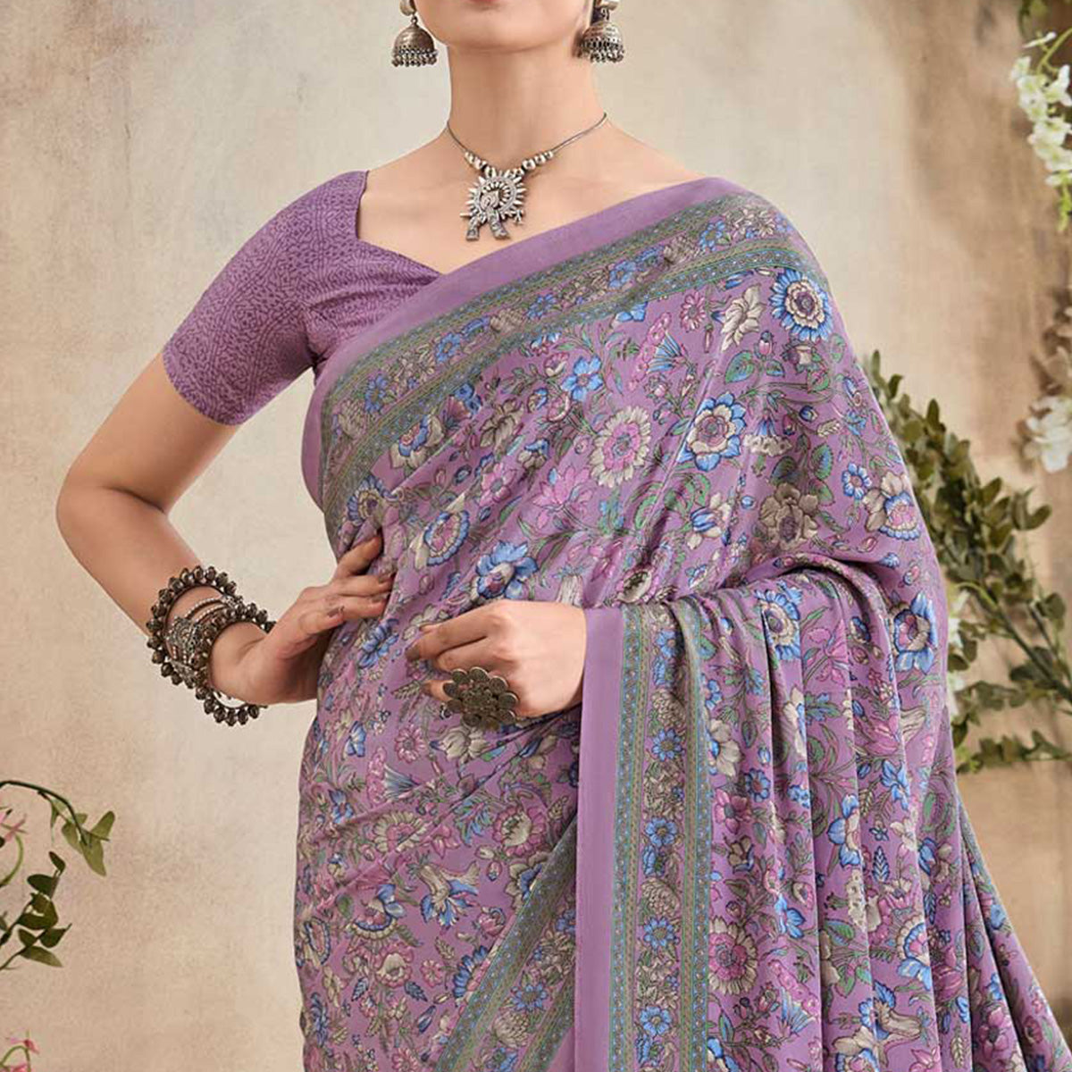 Purple Floral Printed Crepe Silk Saree