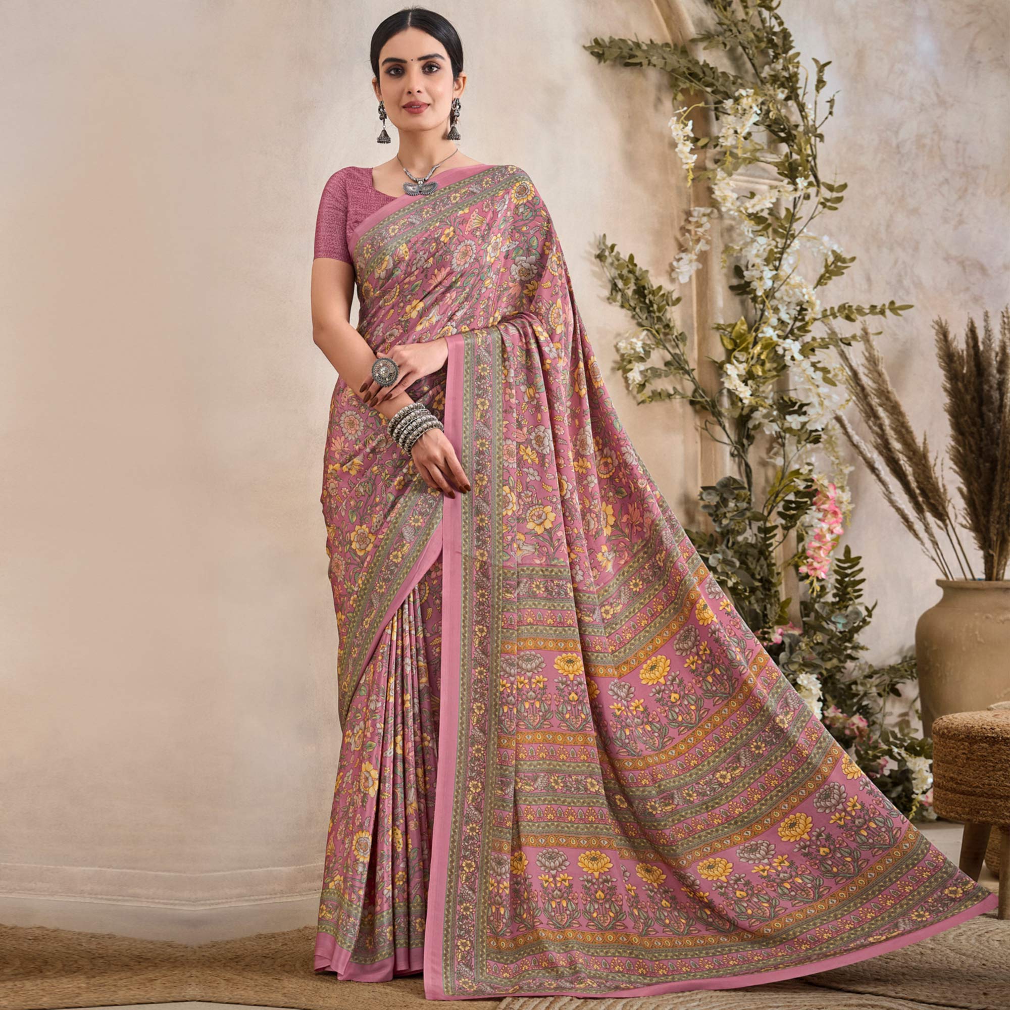 Mauve Floral Printed Crepe Silk Saree