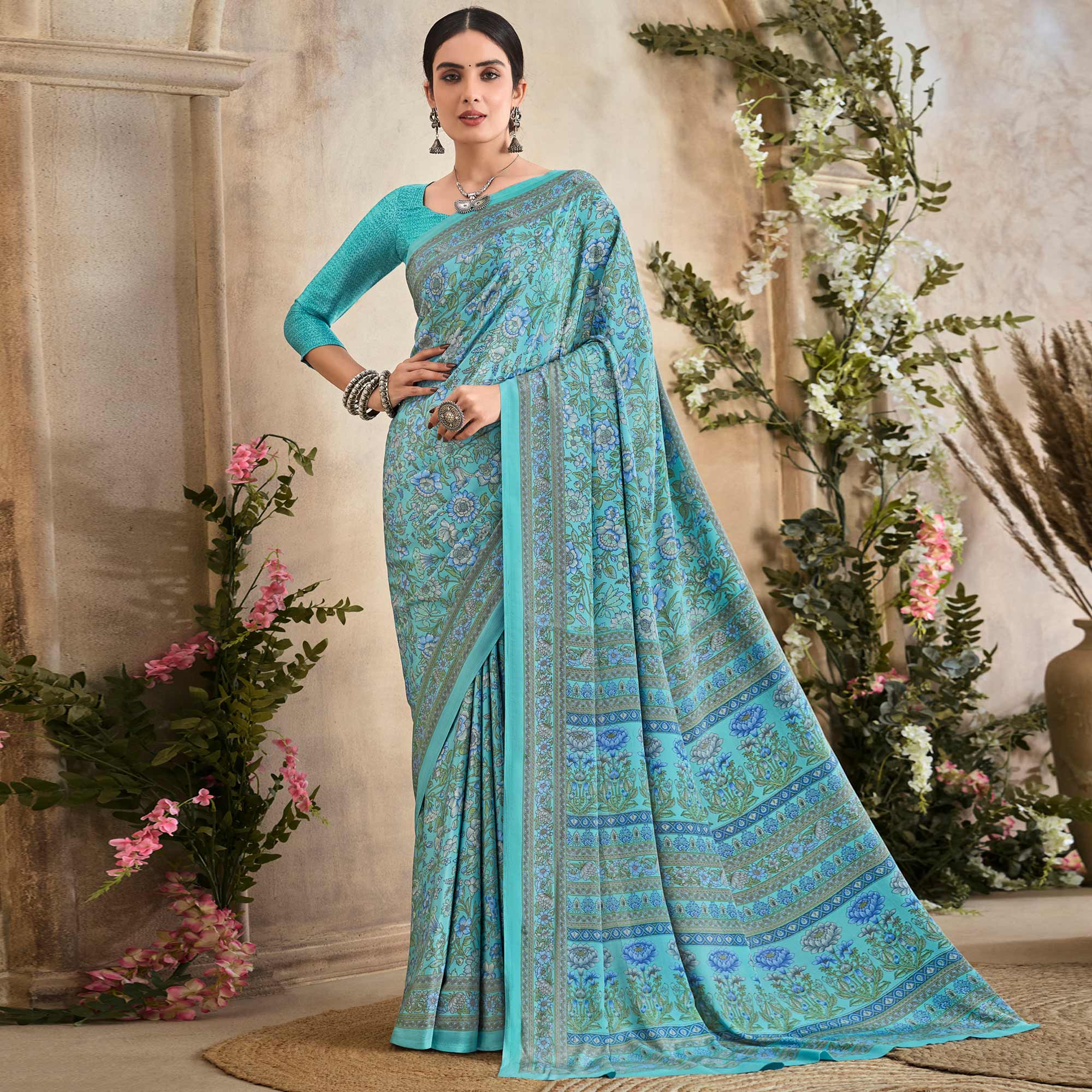 Turquoise Floral Printed Crepe Silk Saree