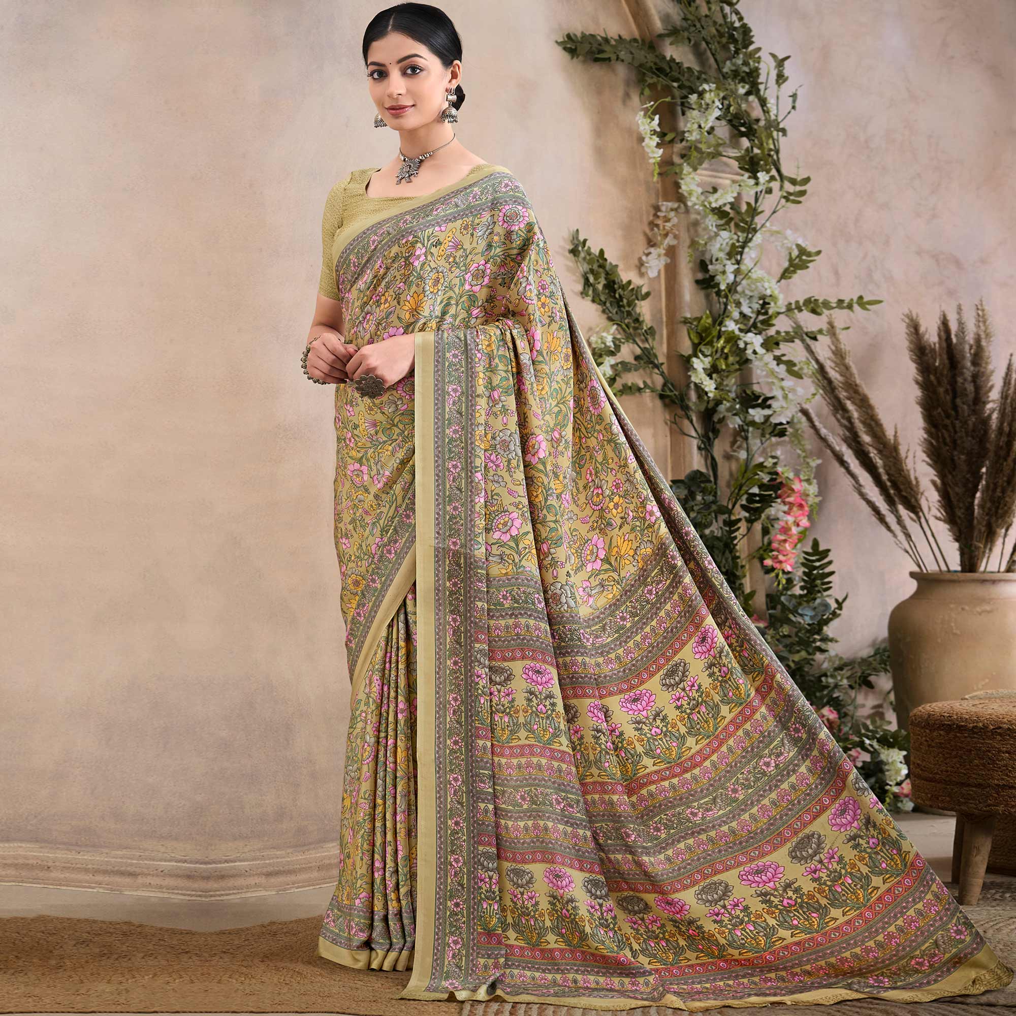 Beige Floral Printed Crepe Silk Saree