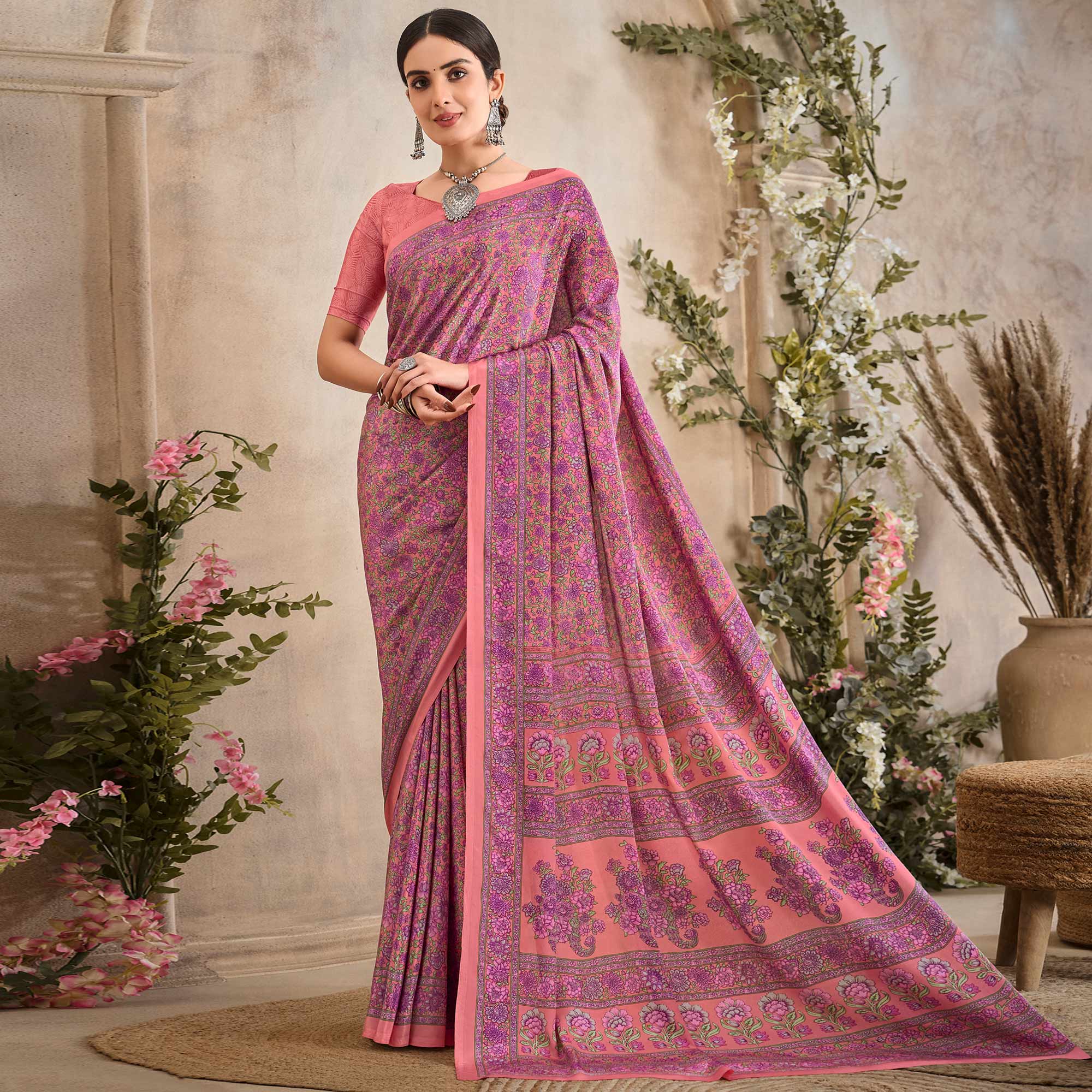 Pink Floral Printed Crepe Silk Saree