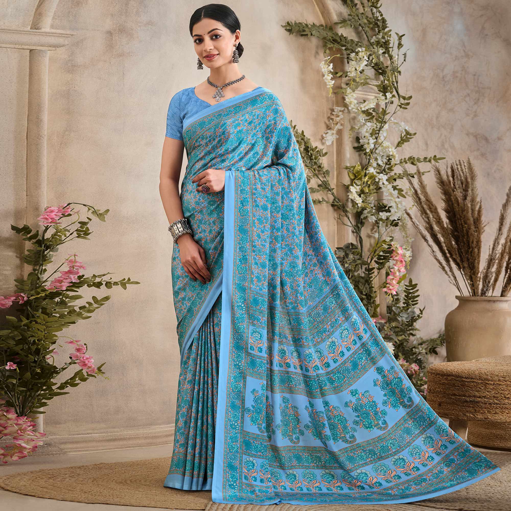 Blue Crepe Silk Floral Printed Saree