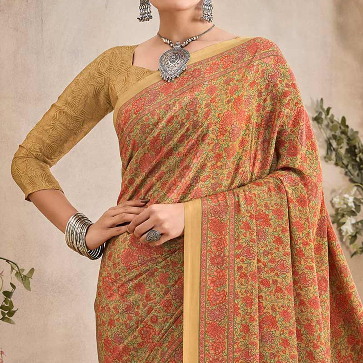 Mustard Crepe Silk Floral Printed Saree