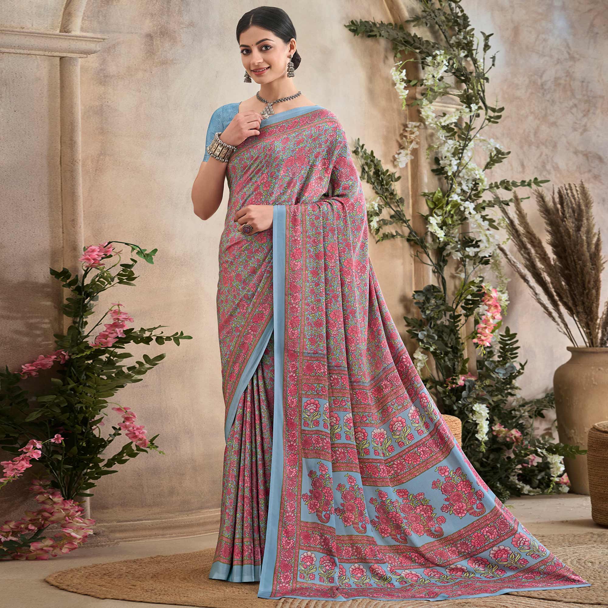 Greyish Blue Floral Printed Crepe Silk Saree