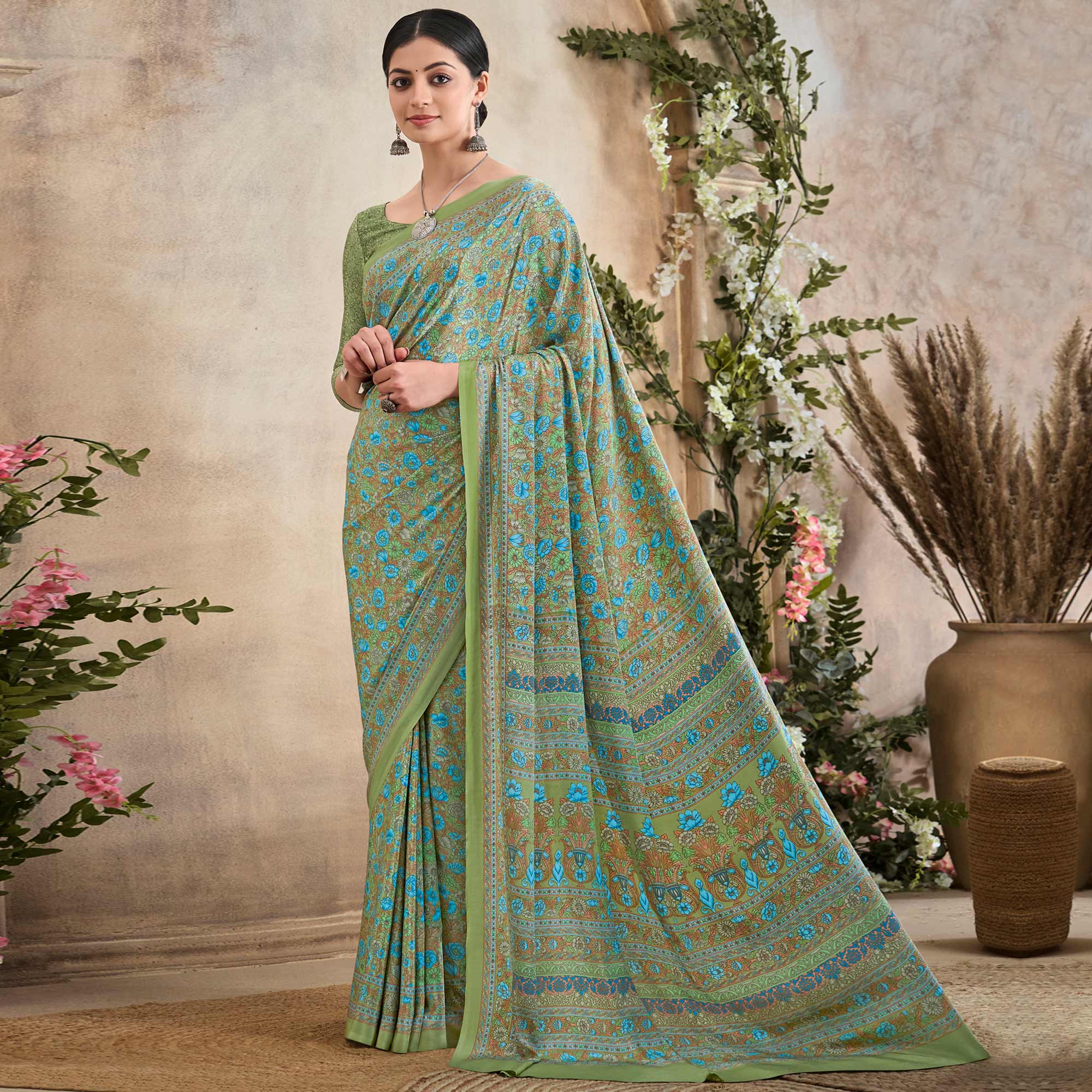 Green Crepe Silk Floral Printed Saree