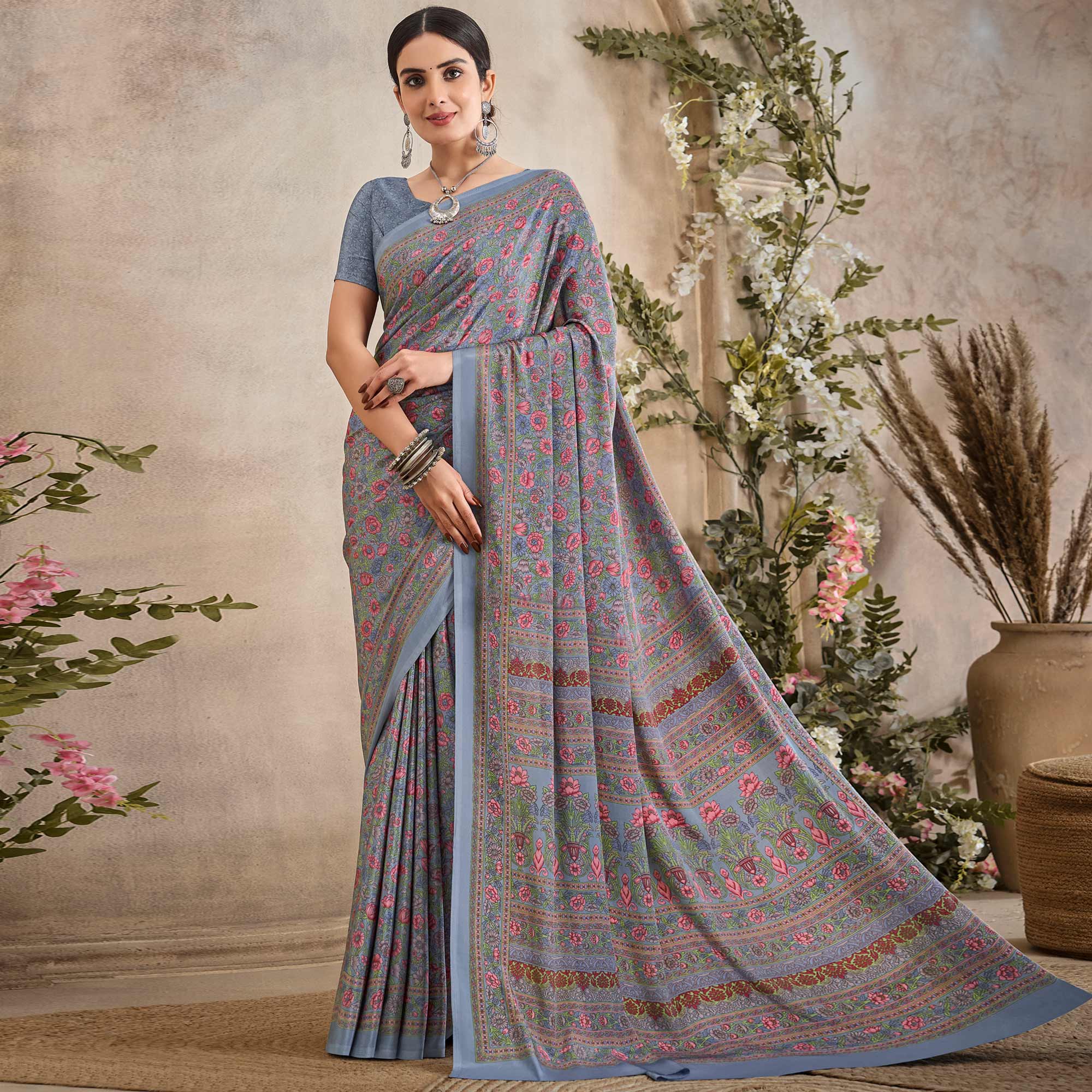 Grey Crepe Silk Floral Printed Saree